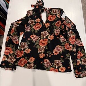 Floral Cold Shoulder Top - Black and Orange